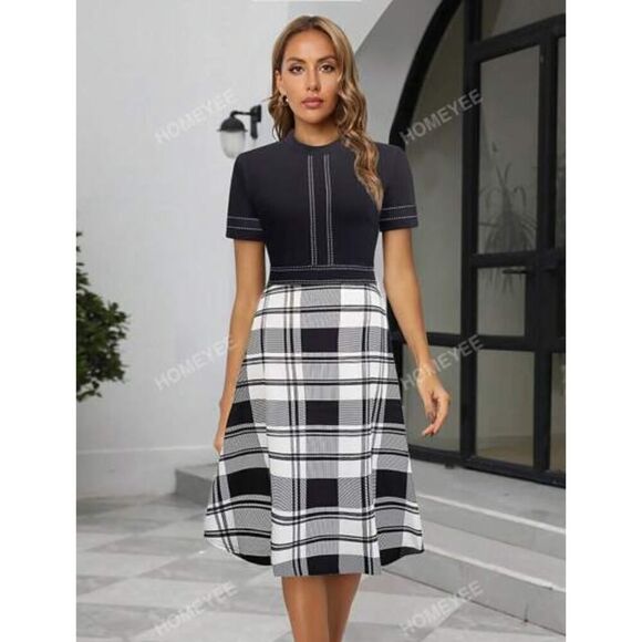 NWOT Homeyee Plaid Print A-line Dress Black/White Dress Size Small - Picture 1 of 7
